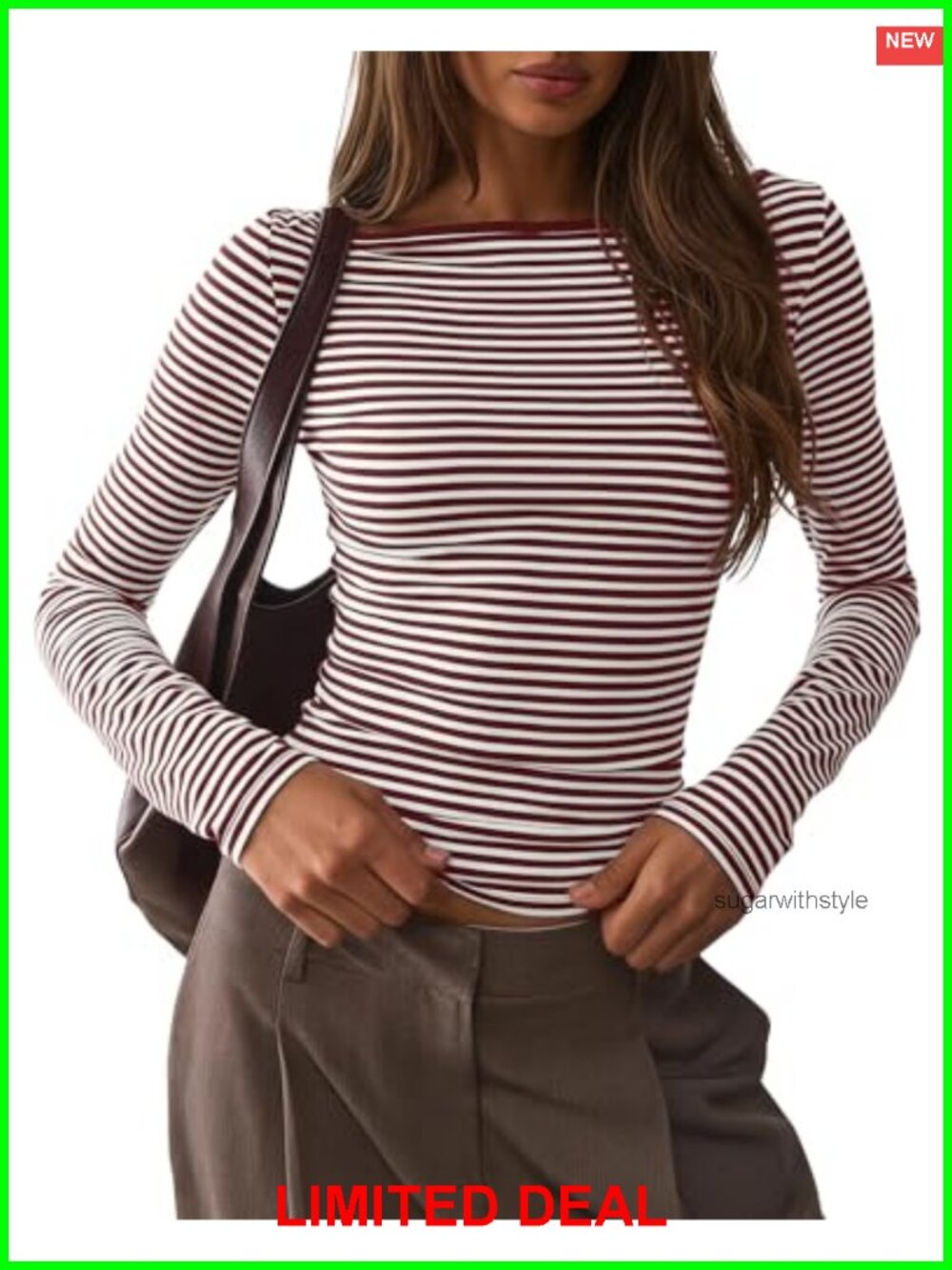 Women Long Sleeve Boat Neck Striped Crop Top Y2K Slim Fit T-Shirt